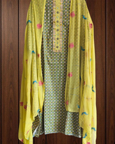 Elegant Pure Cotton Printed Suit with Neck Work & Chiffon Brush-Paint Dupatta